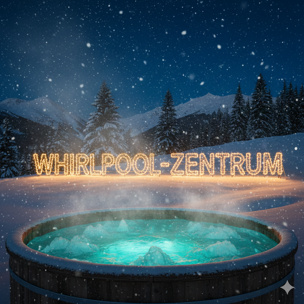 Lichterkette, die den Schriftzug "Whirlpool-Zentrum" bildet, in einer winterlichen Landschaft. Im Vordergrund befindet sich ein dampfender, rechteckiger Whirlpool.